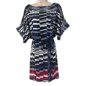 Dressbarn Dolman Sleeve Blue Red Printed Blouson Dress w/Tie Size 1X 16 Office